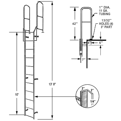 10' Steel Access Ladder with 42" Boarding Rail