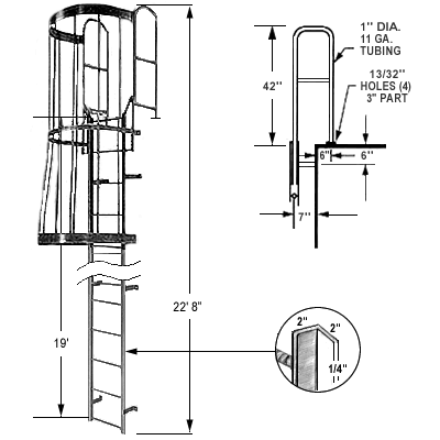 19' Steel Access Ladder with 42" Boarding Rail and Cage