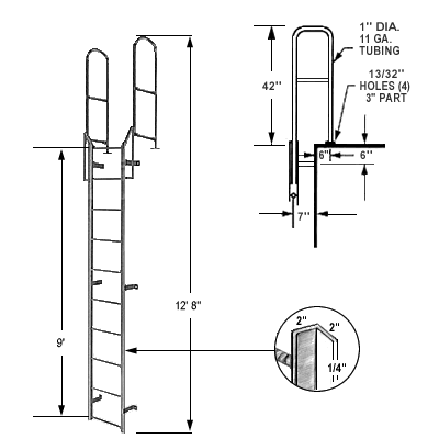 9' Steel Access Ladder with 42" Boarding Rail