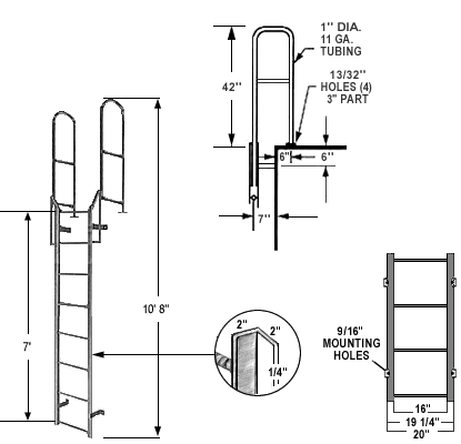 7' Steel Access Ladder with 42" Boarding Rail