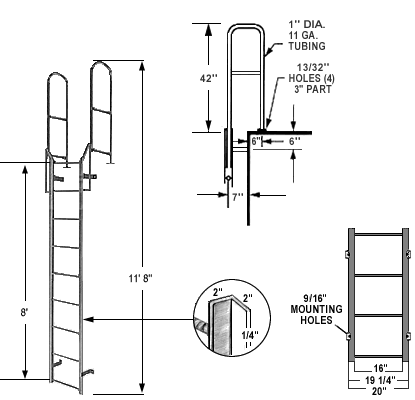 8' Steel Access Ladder with 42" Boarding Rail