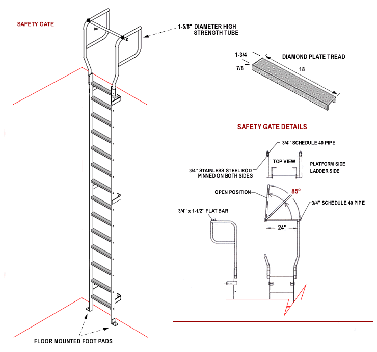 Access Ladders with Bottom Hoop Security Hatch
